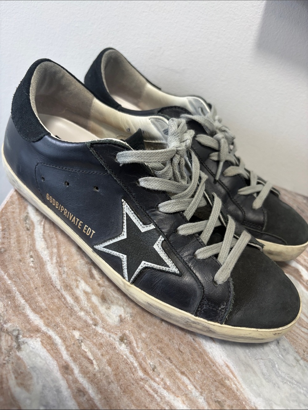 Golden Goose Womans Black Leather Star-Accent Sneakers with Gray Laces